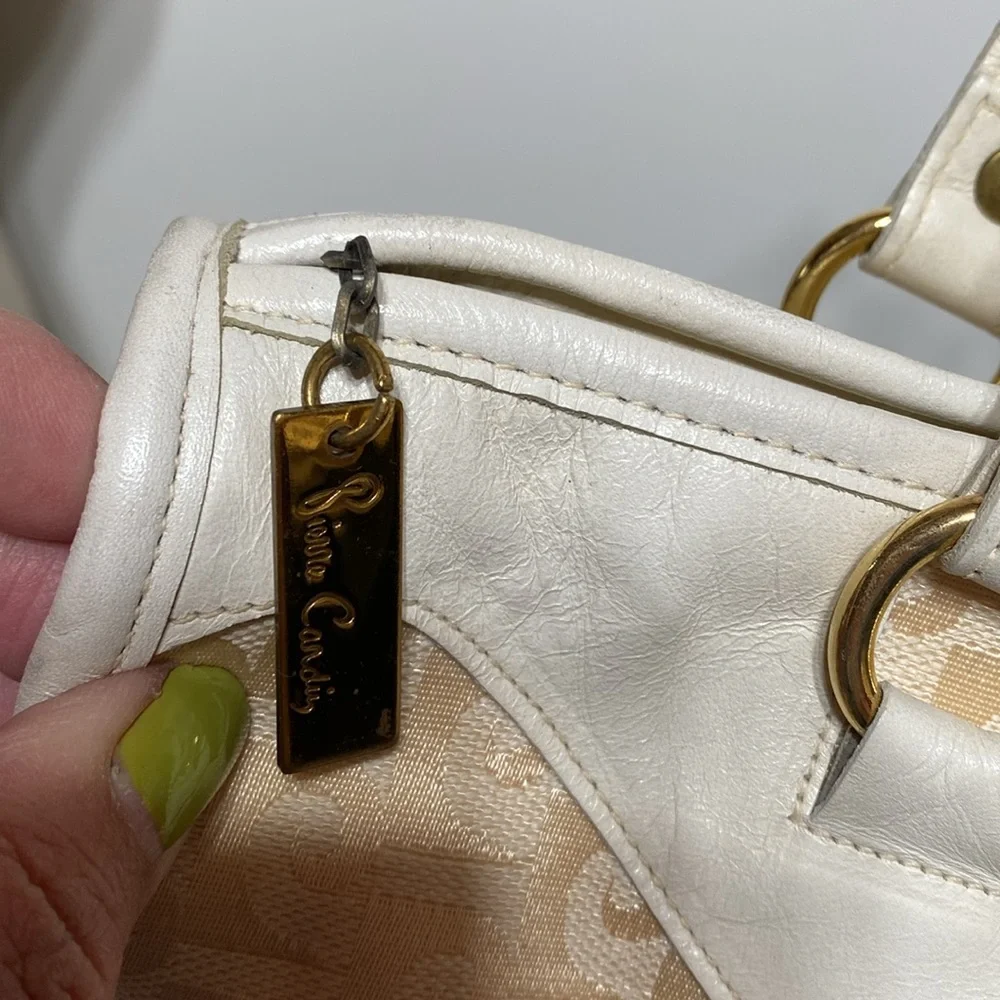 Vintage Pierre Cardin 1970’s Monogram Canvas and Leather Satchel Purse in Ivory